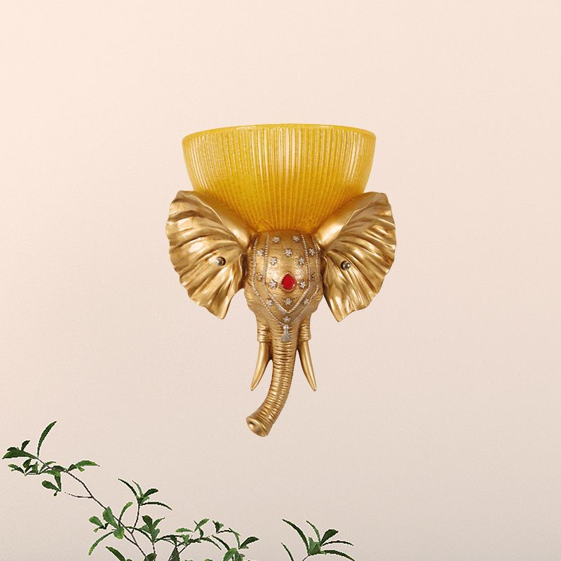 Colonial Bowl Wall Mount Lighting Amber Glass 1 Head Wall Mounted Lamp with White/Gold Elephant Nose toward Left/Right