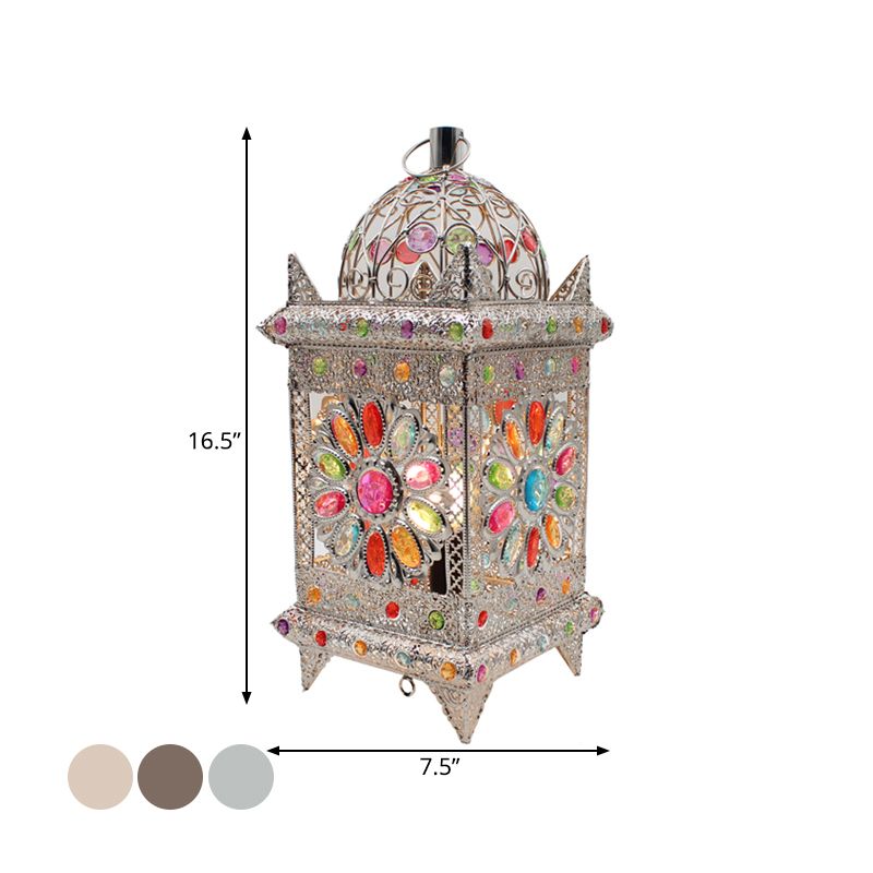 Lantern Bedroom Night Table Light Bohemian Metal 1 Light Silver/White/Bronze Nightstand Lighting