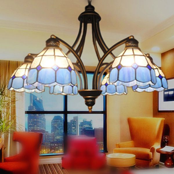 Blue Glass Semi Globe Chandelier with Metal Chain 6/8 Lights Tiffany Pendant Lighting for Bedroom