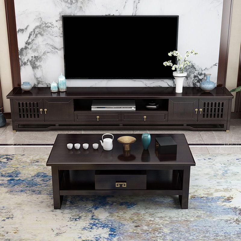 Traditional TV Media Stand Open Shelving Rubberwood TV Stand Console with Drawers