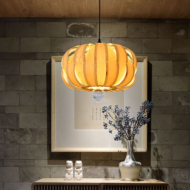 Strap Pumpkin Parlor Hanging Light Kit Wooden 2 Lights Asian Suspension Pendant in Beige