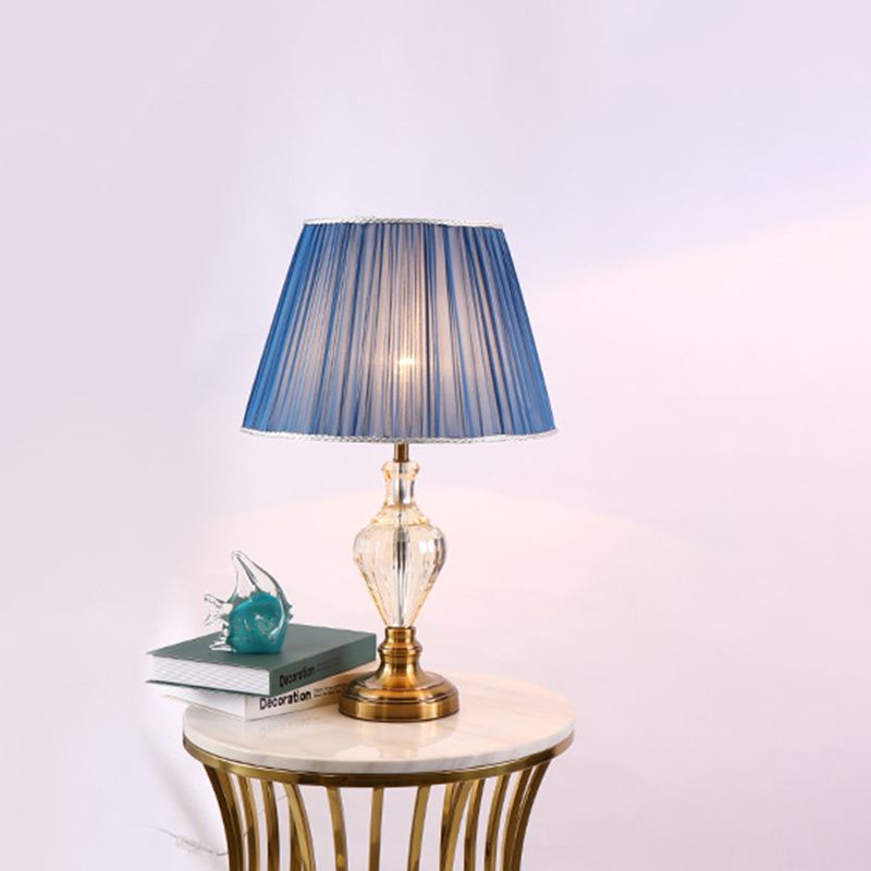 1 Bulb Dining Room Crystal Desk Lamp Modern Blue Table Light with Flared Fabric Shade