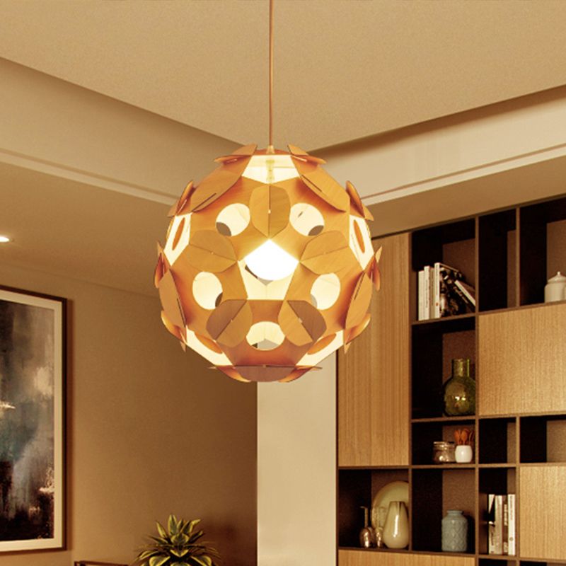 1 Bulb Restaurant Ceiling Lamp Modernism Beige Hanging Light Fixture with Ball Wood Shade