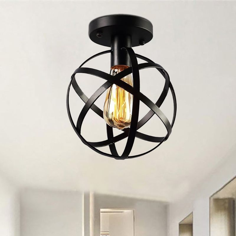 Metal Spherical Semi Flush Light with Cage Shade Loft Industrial 1 Light Living Room Ceiling Lamp in Black