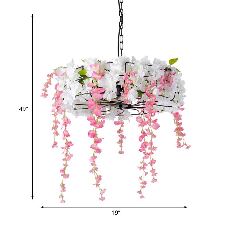 Iron Round Cage Chandelier Light Vintage 3/5-Light Restaurant Suspension Lamp in Black with Cherry Blossom