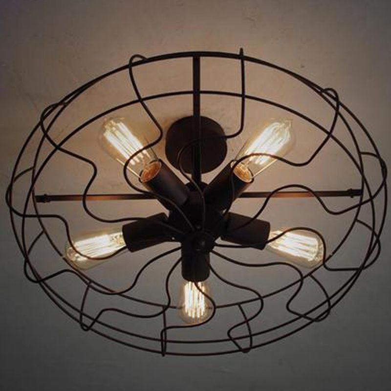 Iron Wire Round Suspension Lamp Industrial 5-Head Bedroom Chandelier Light in Black