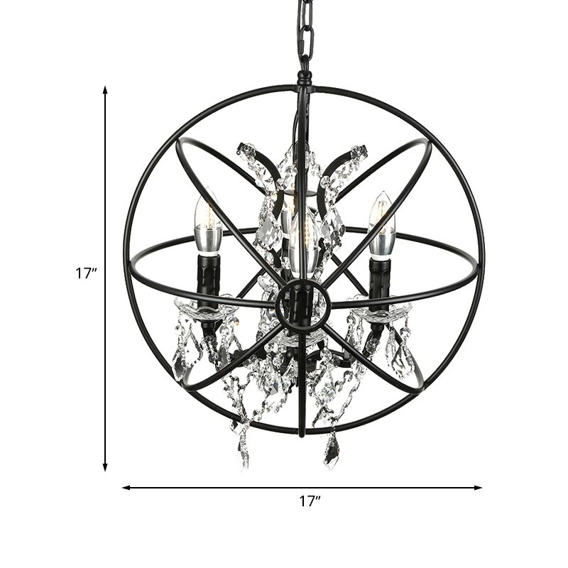 4 Lampen hängende Lampe Vintage Globe Käfig Schatten Eisen Kronleuchter Beleuchtung mit klarer Kristalldekoration in Schwarz