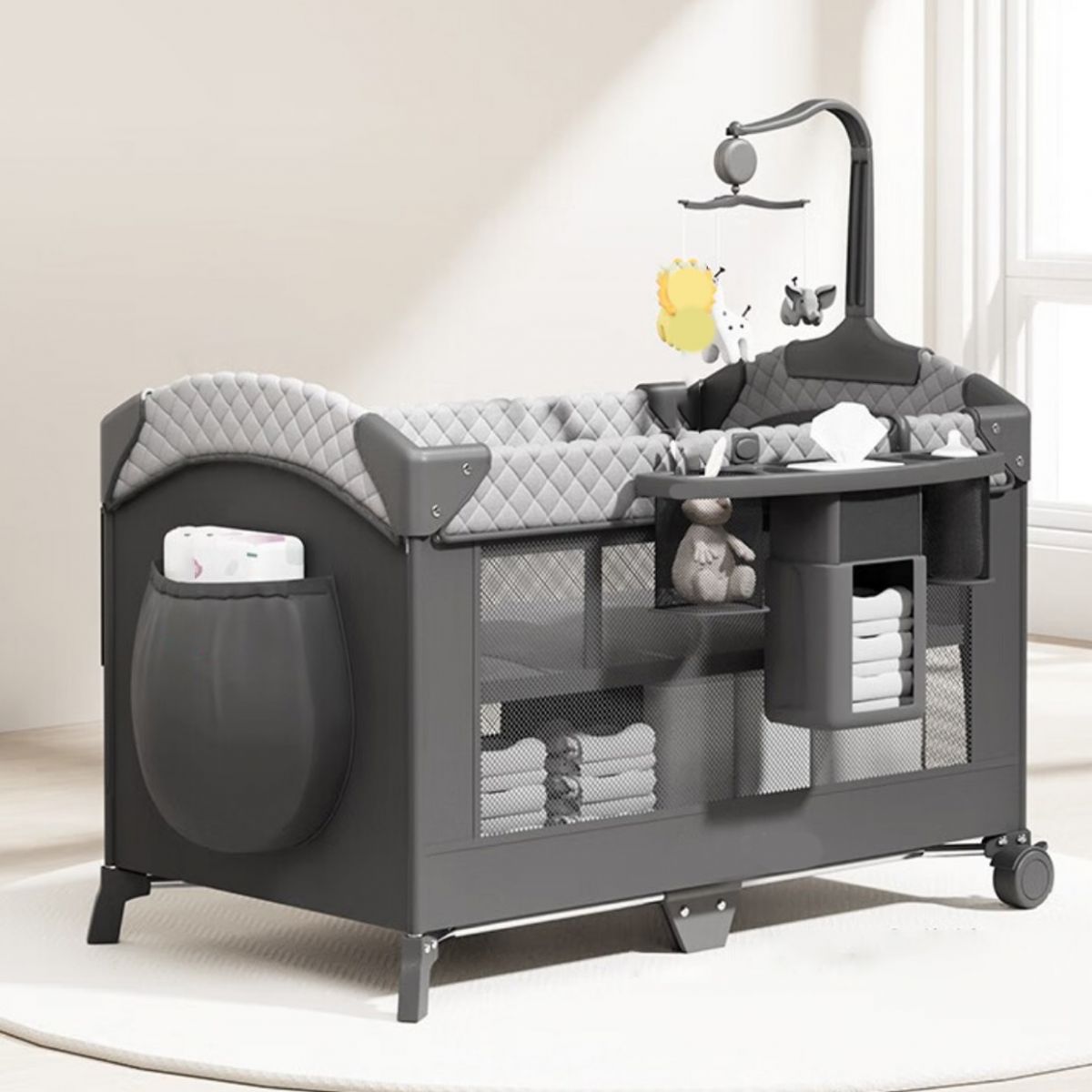 4-in-1 Folding Crib Modern Mini Crib with Storage and Casters