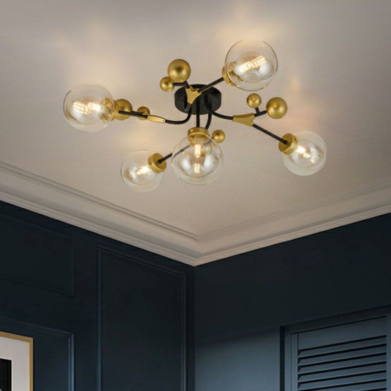 Postmodern 5 Bulbs Semi Flush Light Black and Brass Molecular Ceiling Light with Glass Shade