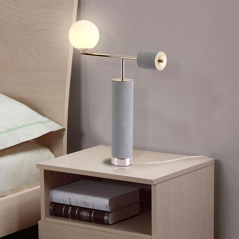 1 Head Tubular Table Lighting Industrial Grey Cement Nightstand Lamp with Orb Opal Glass Shade