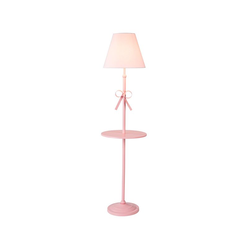 Fabric Conic Floor Standing Lamp Kids Single Beige/Pink Floor Lighting with Table and Bow-Knot