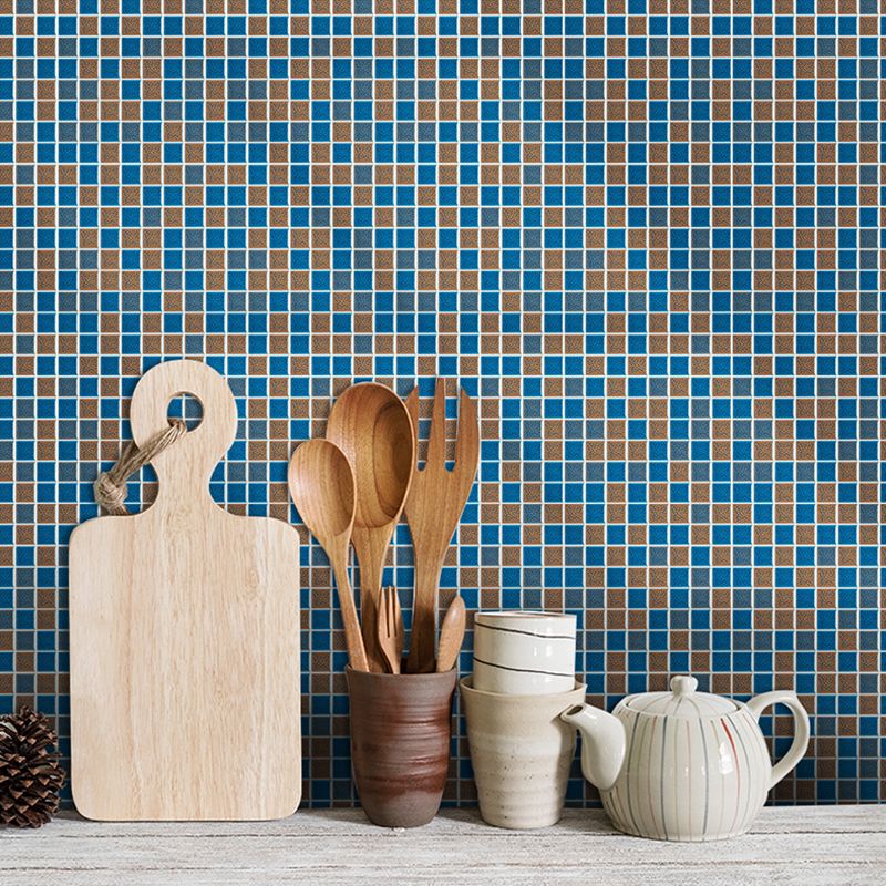 Faux Mosaic Tile Wallpapers Modern Style Smooth Wall Art in Blue and Brown, Self-Stick