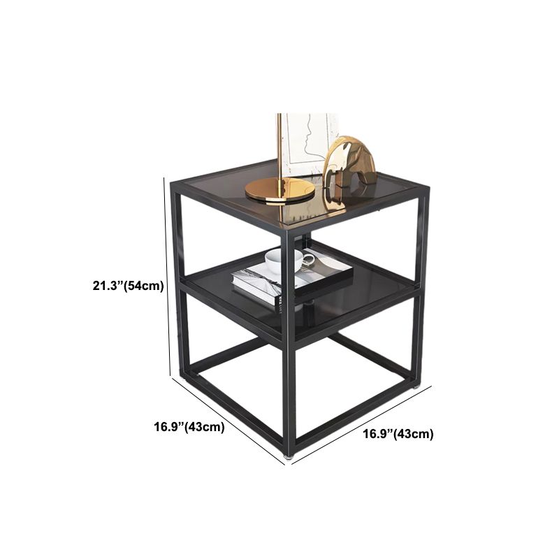 Industrial Open Storage Bed Nightstand Glass and Iron Night Table with Shelves