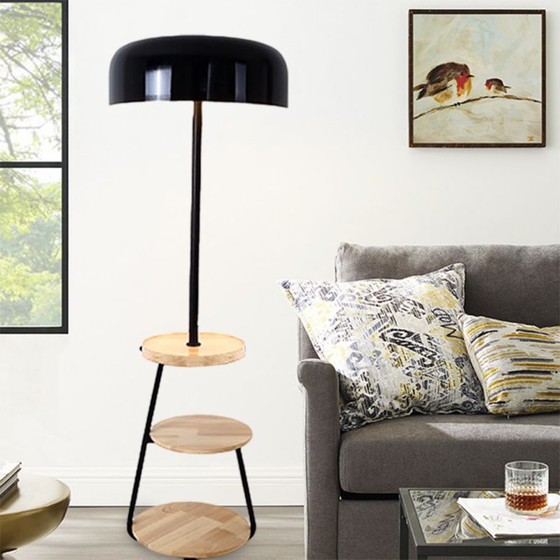 Black Finish Bowl Shade Floor Standing Light Modernism 2 Bulbs Metal Floor Lamp with Wood Shelves