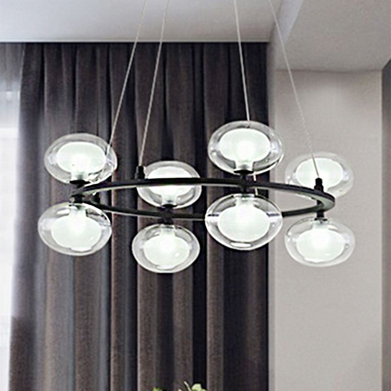 Metal Circular Chandelier Lamp Contemporary 8/12 Lights Black Led Hanging Pendant Light with Clear Glass Oval Shade