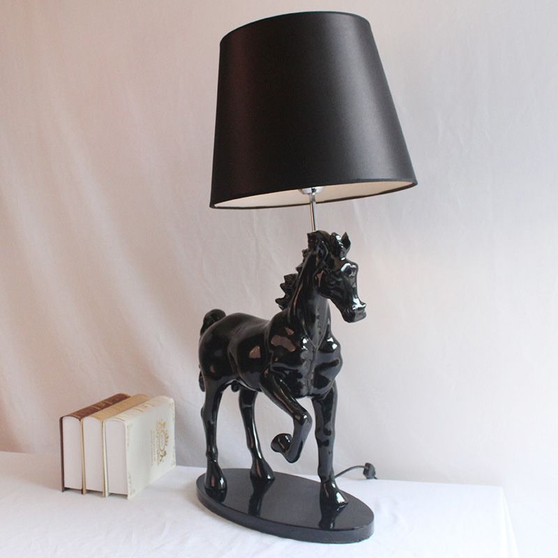 Black Steed Nightstand Light Retro Resin Single Bedside Table Lamp with Cone Fabric Shade