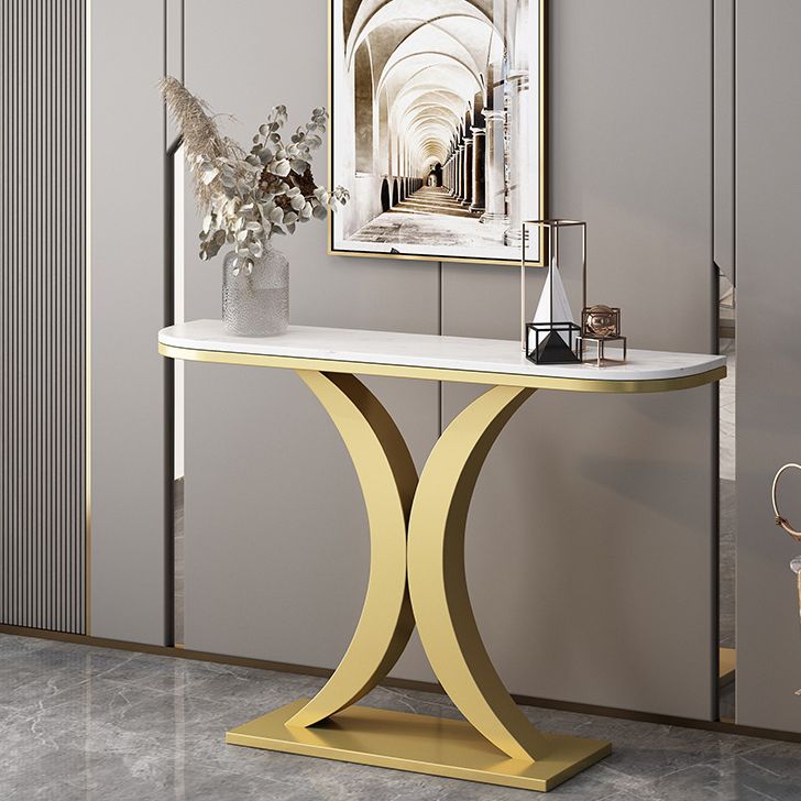 Glam Iron Console Sofa Table Half Moon Marble Console Accent Table for Hall