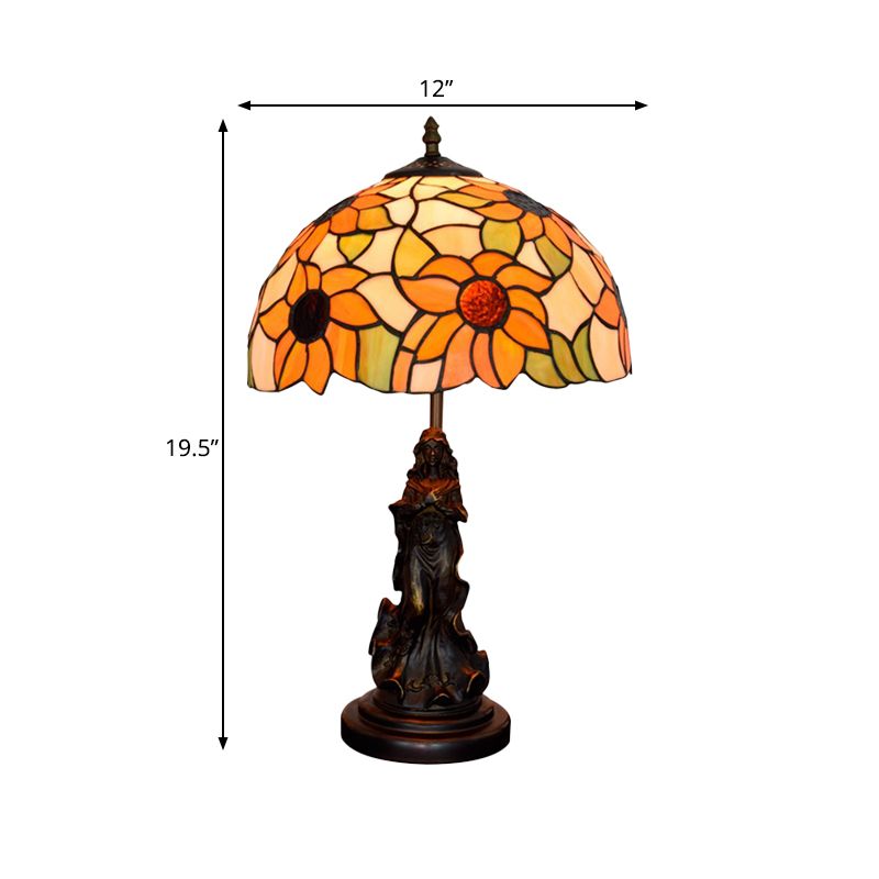 Sunflower Orange Glass Table Light Victorian Style 1 Head Bronze Nightstand Lamp with Resin Maid Base