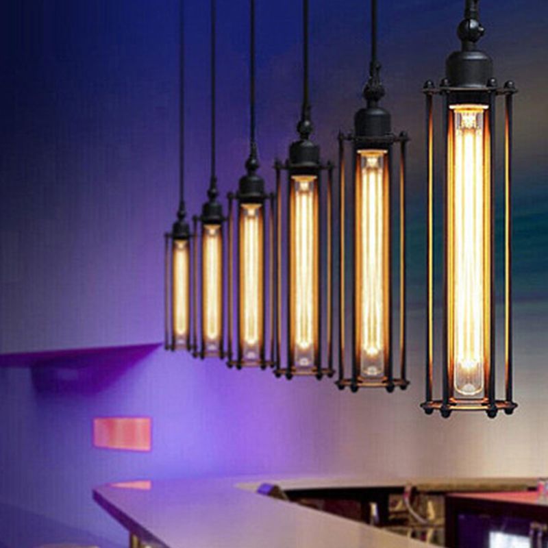 1-Bulb Cylindrical Ceiling Fixture Industrial Black Iron Cage Pendant Light for Bar