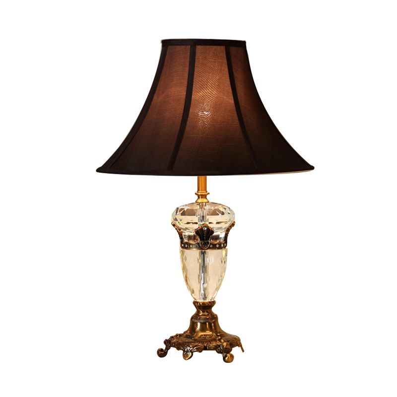 Single Head Table Light Rural Urn Crystal Nightstand Lamp in Brown with Cone Fabric Shade