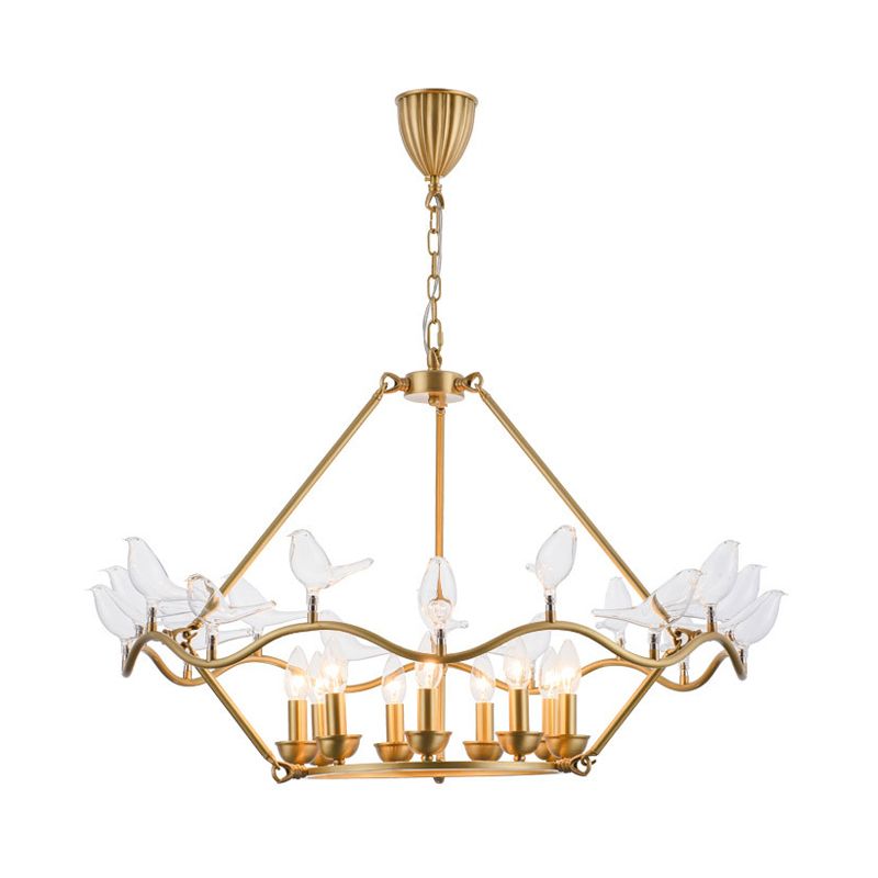 Lámpara de araña de canasta de flores de metal moderna 9 bulbos accesorio de iluminación colgante de oro con pájaro de vidrio transparente