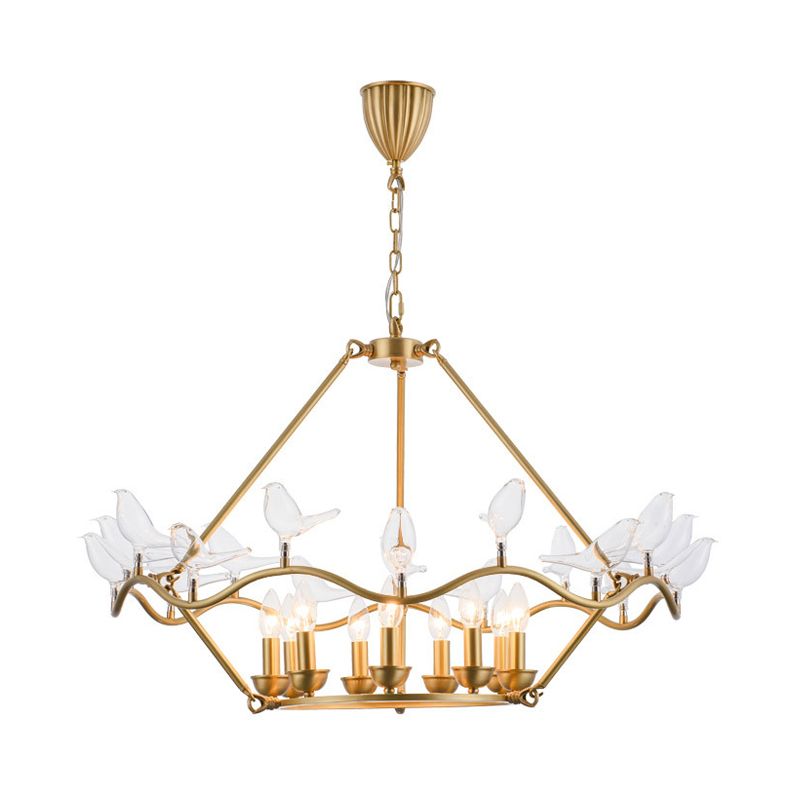 Metal Flower Basket Chandelier Lamp Modern 9 Bulbs Gold Pendant Lighting Fixture with Clear Glass Bird