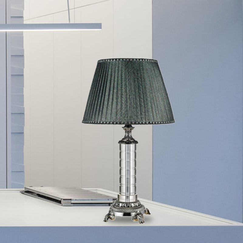 Pleated Fabric Table Lamp Modern 1 Head Green Desk Light with Carved Bronze Metal Base