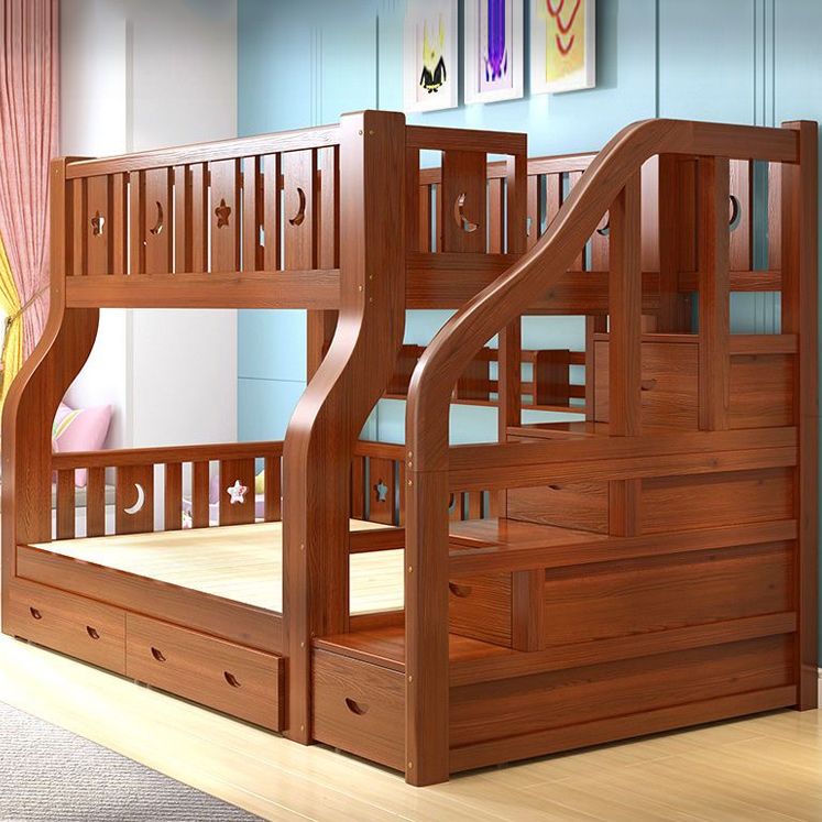 Solid Wood Bunk Bed Gender Neutral Mid-Century Modern Kids Bed with Guardrail