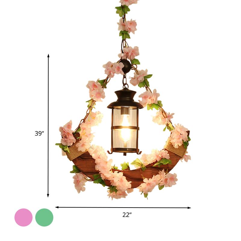 Vintage Lantern Suspension Lamp 1 Head Metal LED Pendant Light in Pink/Green with Plant/Cherry Blossom for Restaurant