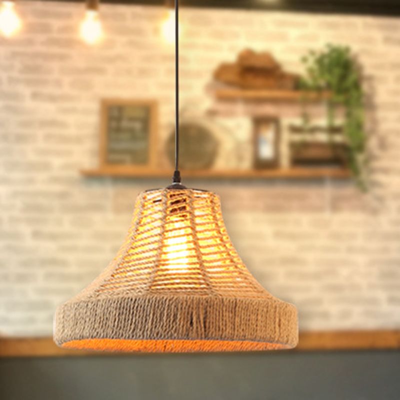 Flaxen Single-Bulb Hanging Lamp Industrial Style Hemp Rope Caged Lighting Pendant