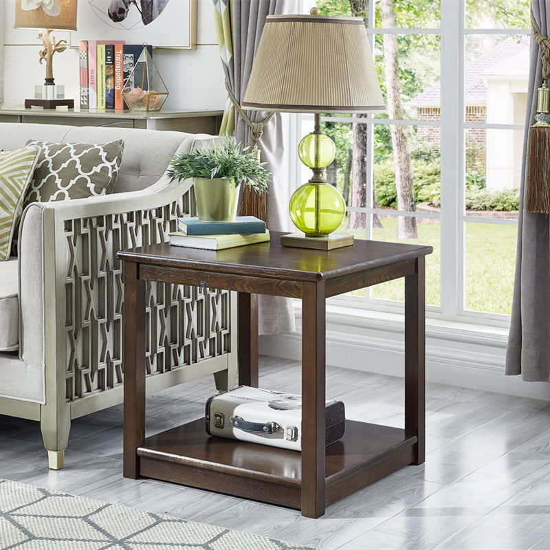 Rubberwood Double Tier End Table, Brown End Table with Storage