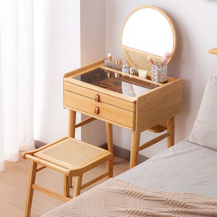 Scandinavian Natural Bedroom Solid Wood Mirror With Drawer Makeup Vanity Set