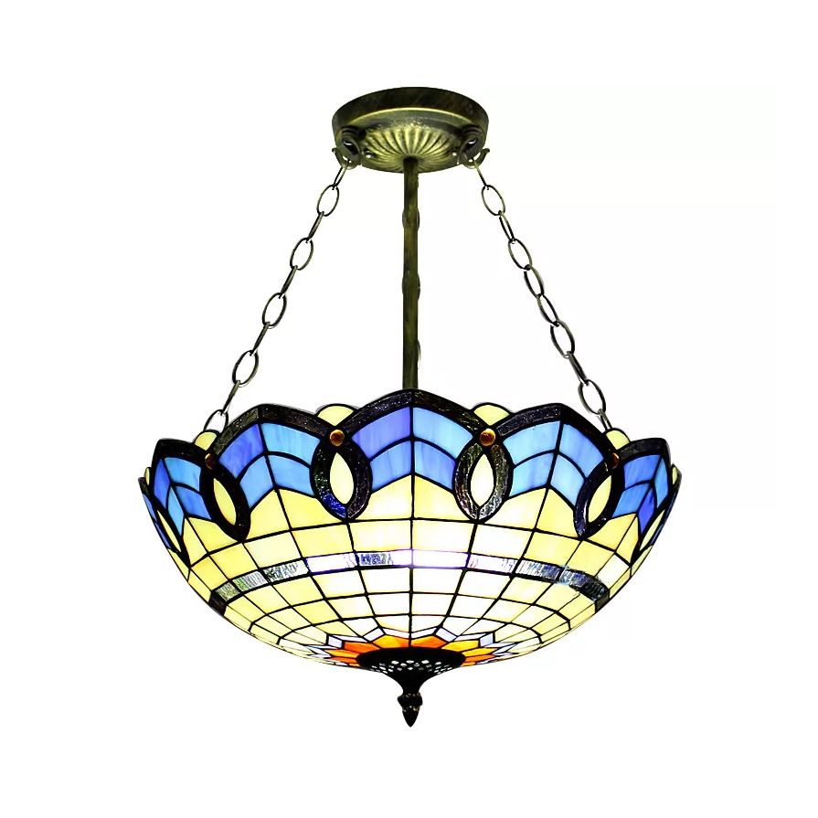 Stained Glass Ceiling Light for Bedroom with Chain, Bowl Semi Flush Mount Lighting Baroque Style