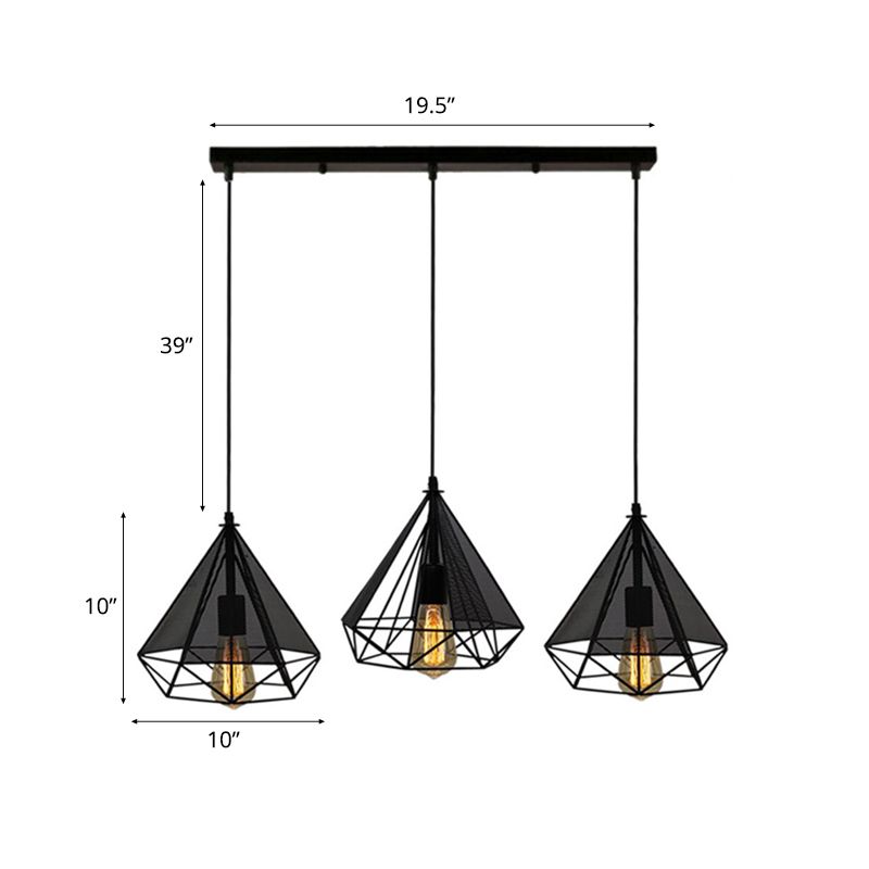 Black Diamond Cage Hanging Light Retro Style Metallic 3 Heads Dining Room Pendant Lighting with Round/Linear Canopy