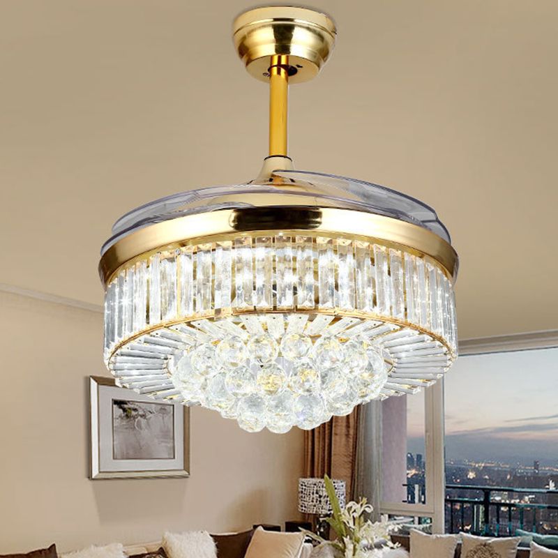 Faceted Crystal Bowl Semi Flush Ceiling Light Modern 19" Wide LED Pendant Fan Lamp, 4 Blades