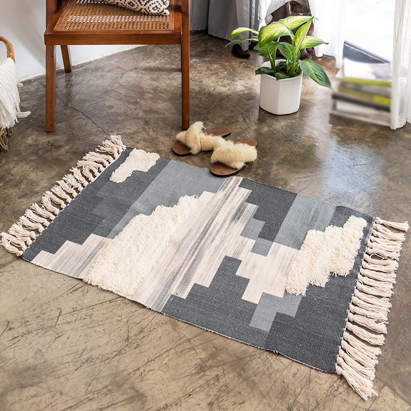 Bohemian Indoor Rug Funky Washable Rug Cotton Blend Area Carpet with Fringe