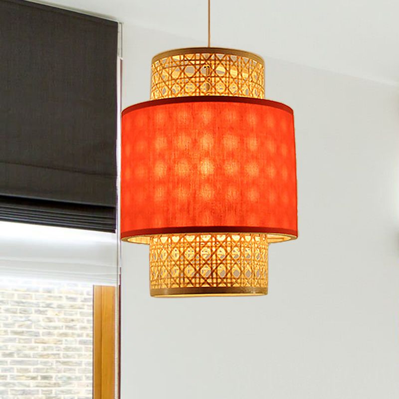 Asian Style 1 Bulb Hanging Light with Bamboo and Fabric Shade Red/White Cylinder Ceiling Light Fixture for Restaurant