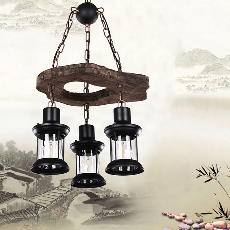 3-Light Clear Glass Chandelier Farm Style Brown Lantern Restaurant Suspension Pendant Light