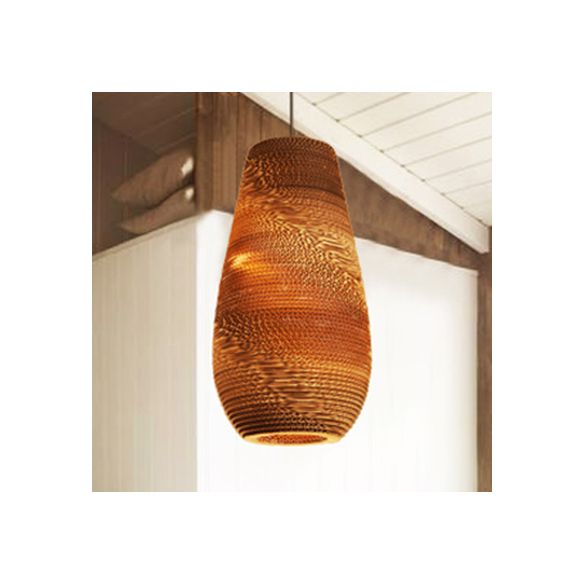 Parchment Paper Vase Shaped Suspended Light Asian Single Pendant Light in Brown for Restaurant