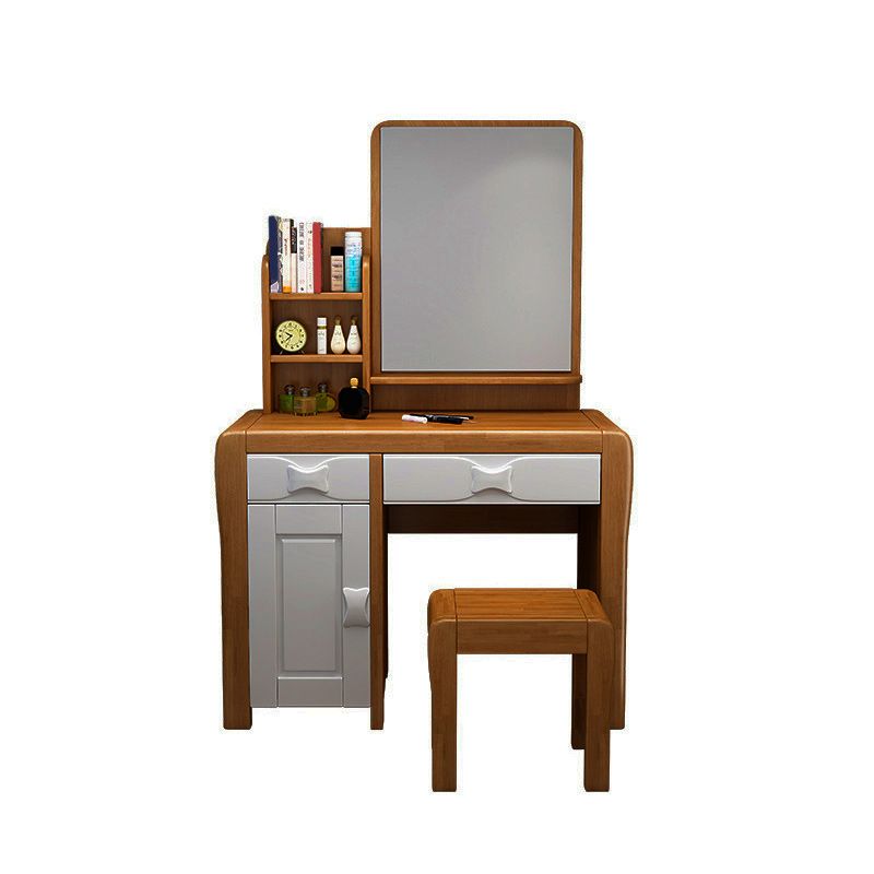 Traditional Make-up Vanity Solid Wood Double Drawers Mirror Dressing Table