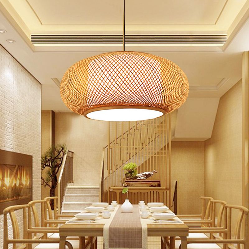 Drum Beige Down Pendant Chinese Bamboo Hanging Ceiling Light with 1 Light