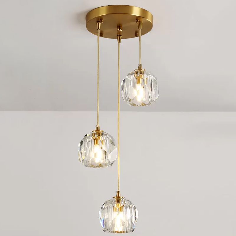 Faceted K9 Crystal Cluster Ball Pendant Stylish Modern 3/6/10-Bulb Brass Ceiling Hang Light for Living Room