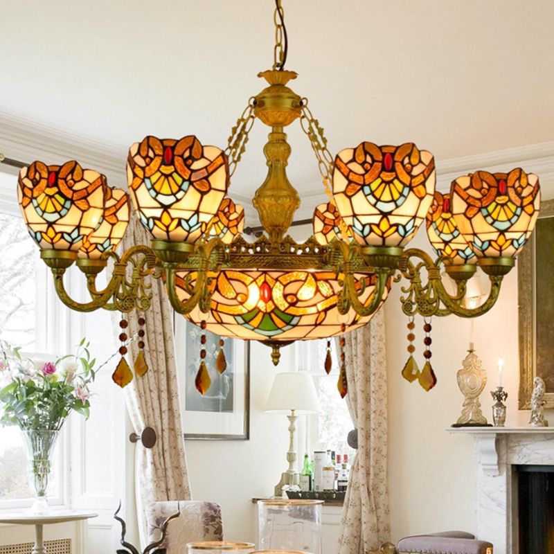 Victorian Bowl Chandelier Stained Glass 9 Lights Chandelier Light with Crystal in Beige for Foyer