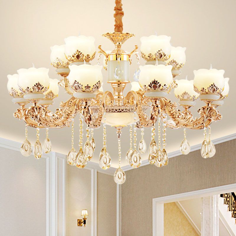 Minimal Chandelier Light Fixture Gold Blossom Crystal Pendant Lighting with Jade Shade