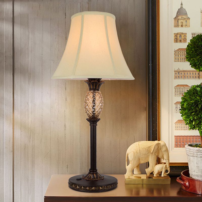 1-Bulb Paneled Bell Night Lamp Traditional Beige Fabric Nightstand Light with Pineapple Deco