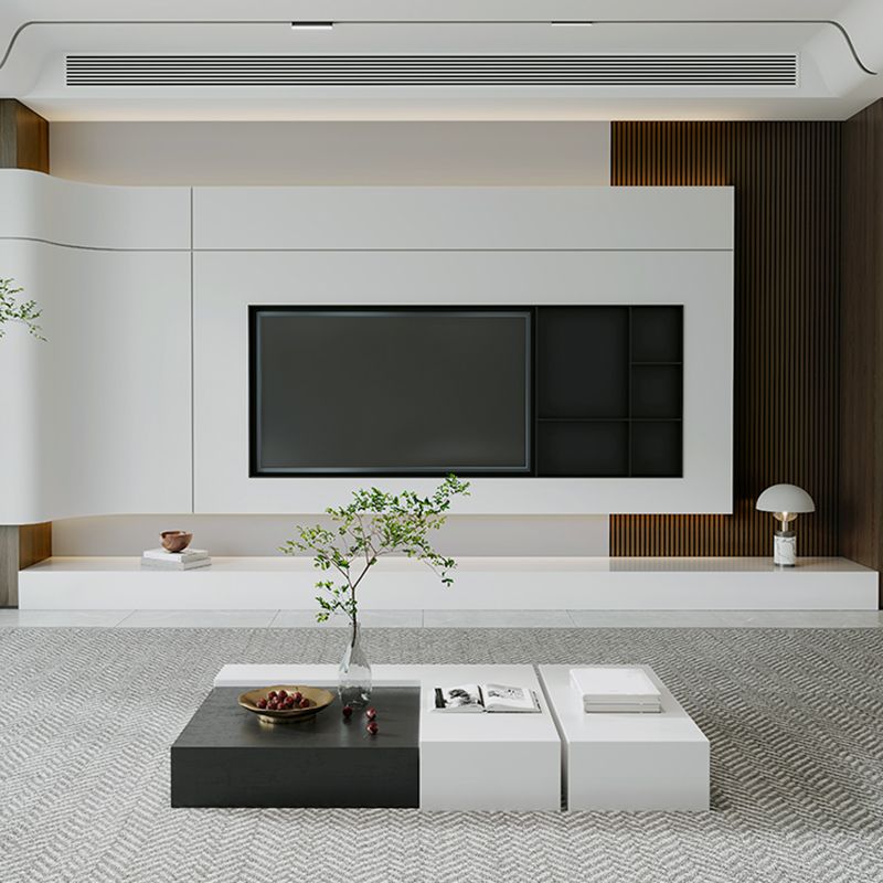 White Media Console Contemporary Stone TV Stand Console with Drawers