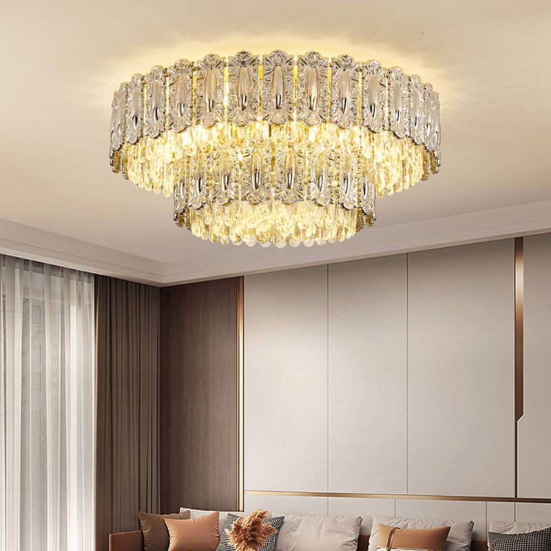 Iron and Crystal Drum Ceiling Flush in Gold Contemporary Flush Mount