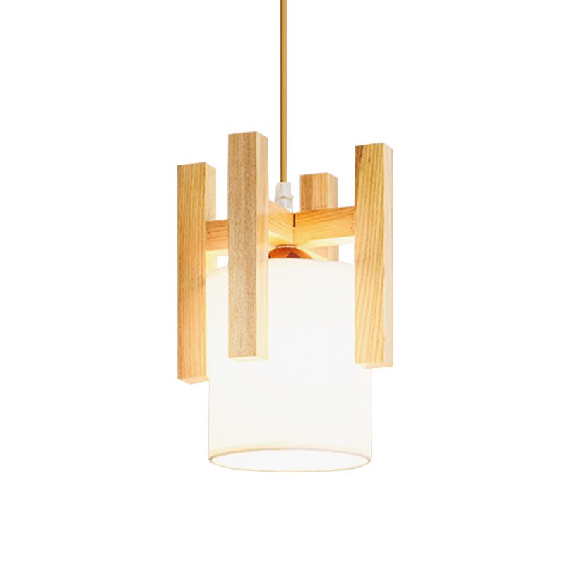 White Barrel Small Hanging Light Japanese Single Fabric Suspension Pendant Light with Wood Cage Top