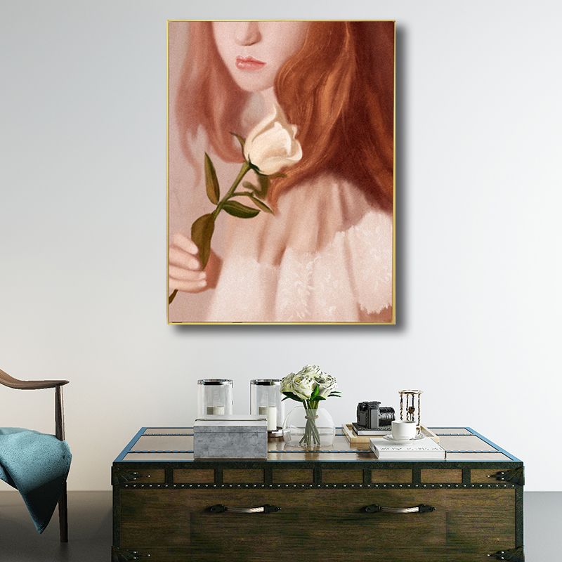 Girl with Rose Wall Art Countryside Canvas Painting in Brown for Living Room, Multiple Sizes