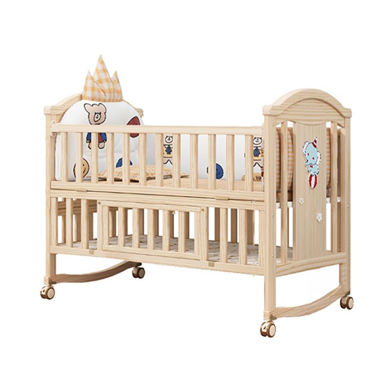 Pine Convertible Crib Modern Light Wood Nursery Bed with Casters and Storage